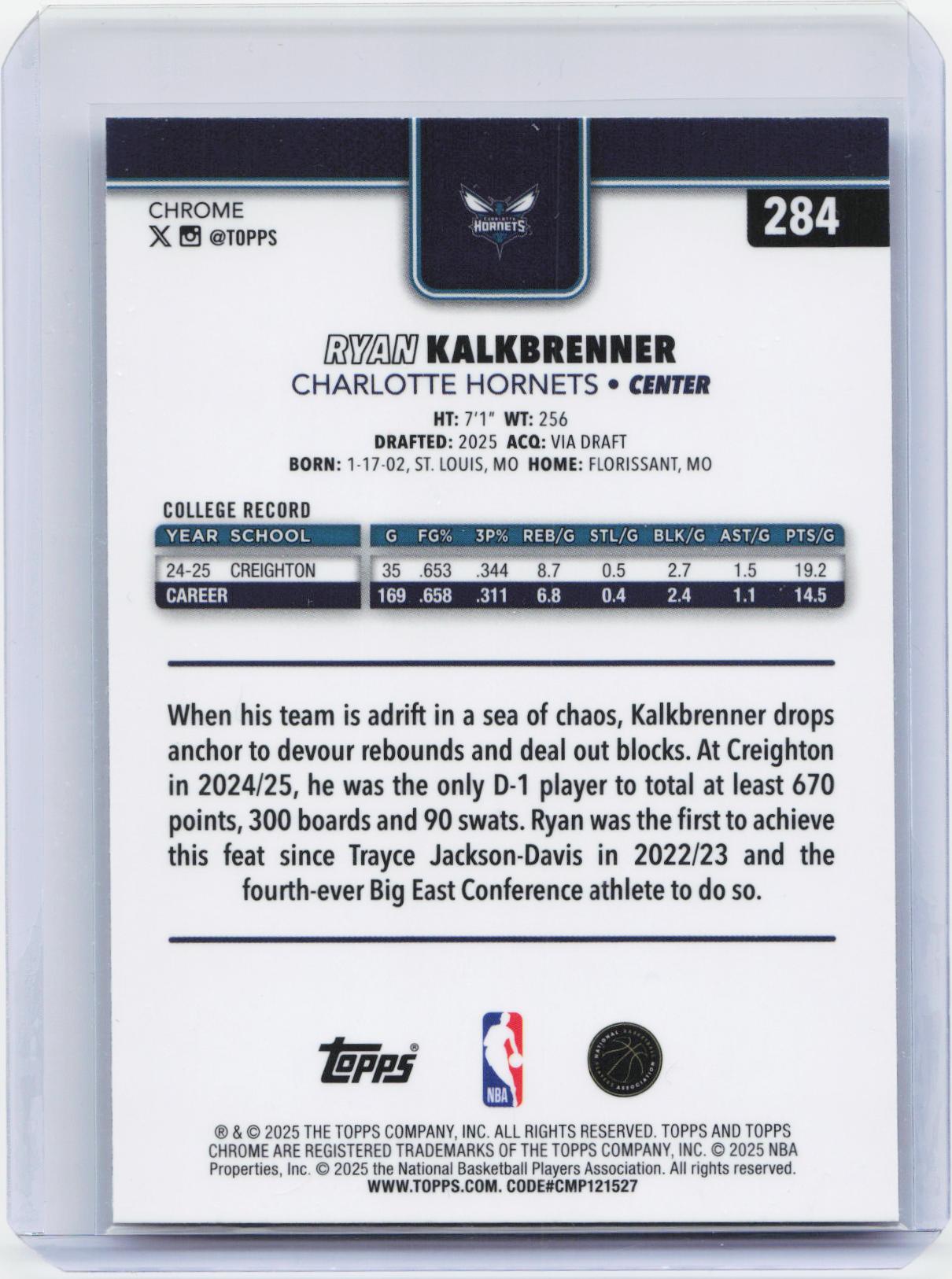 2025-26 Topps Chrome #284 Ryan Kalkbrenner