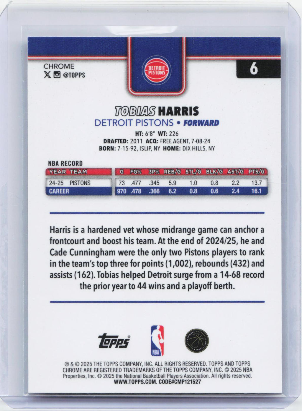 2025-26 Topps Chrome #6 Tobias Harris X-Fractor