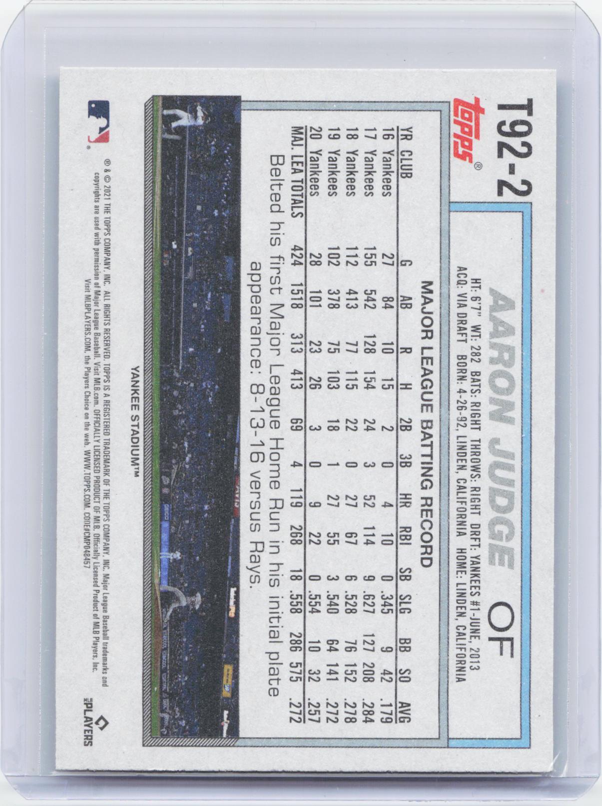 2021 Topps Update #T92-2 Aaron Judge 1992 Topps Redux