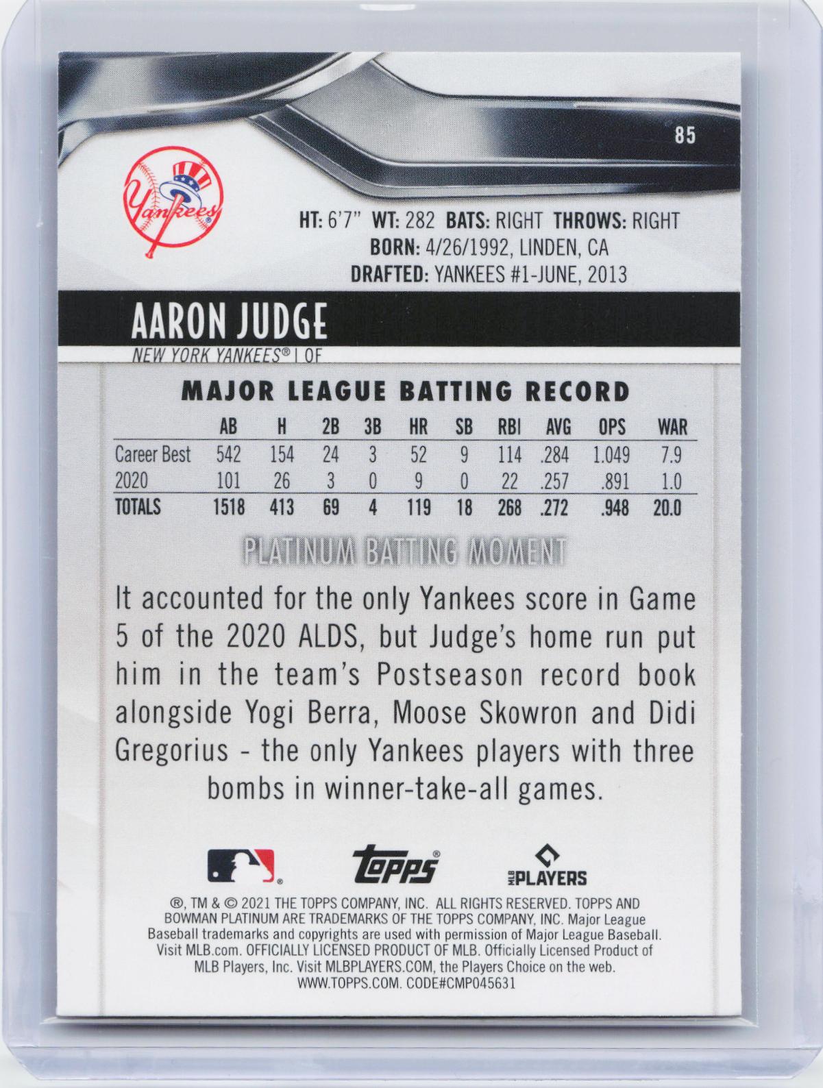 2021 Bowman Platinum #85 Aaron Judge