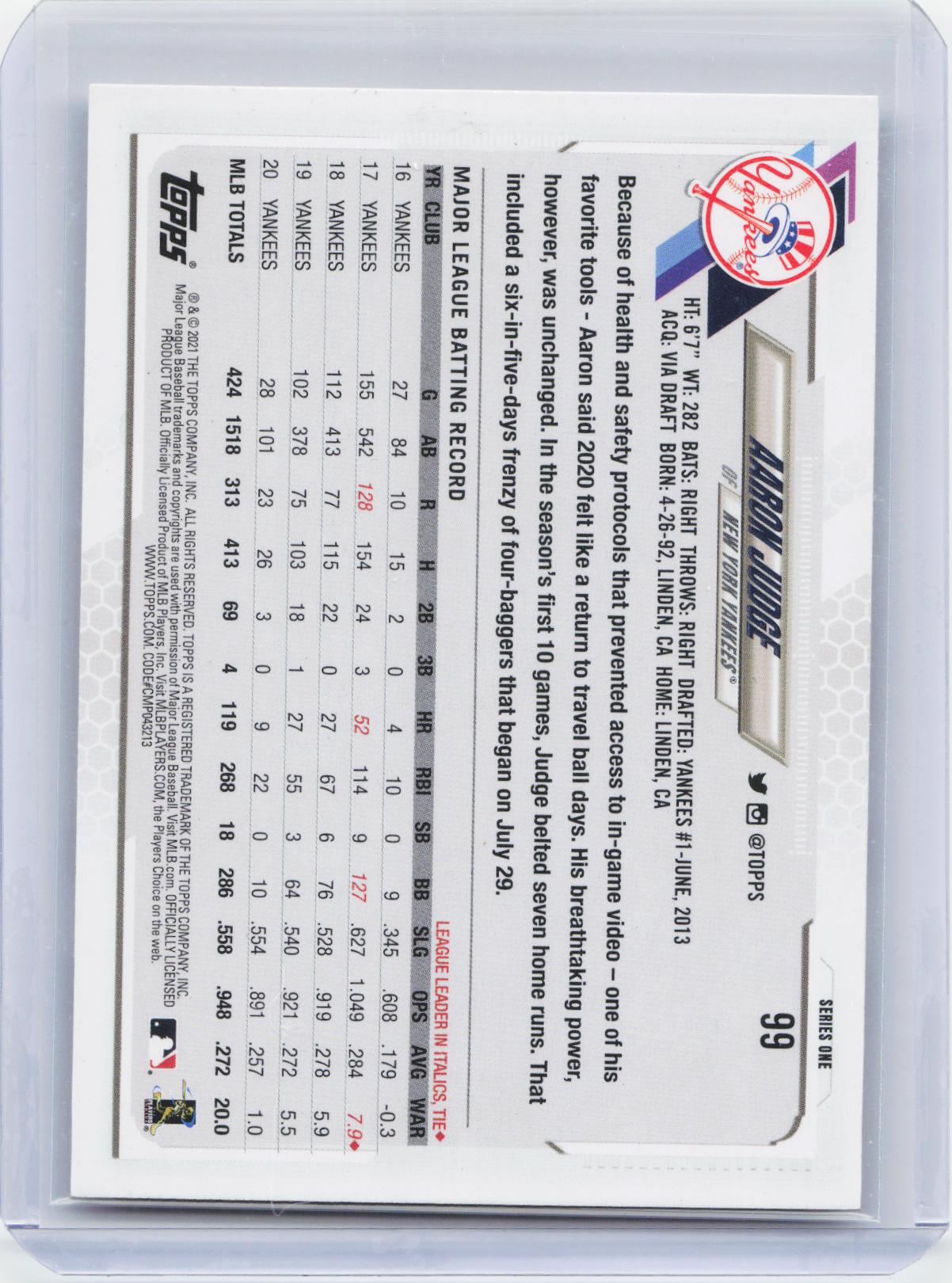 2021 Topps #99 Aaron Judge Gold Star