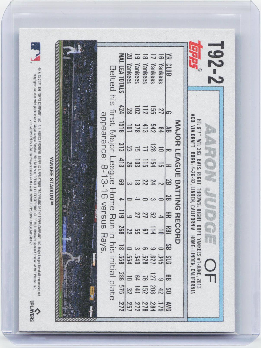 2021 Topps Update #T92-2 Aaron Judge 1992 Topps Redux