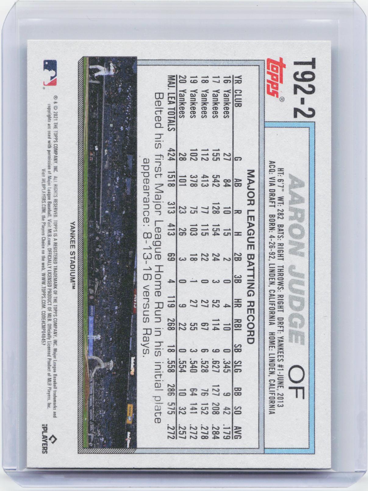 2021 Topps Update #T92-2 Aaron Judge 1992 Topps Redux