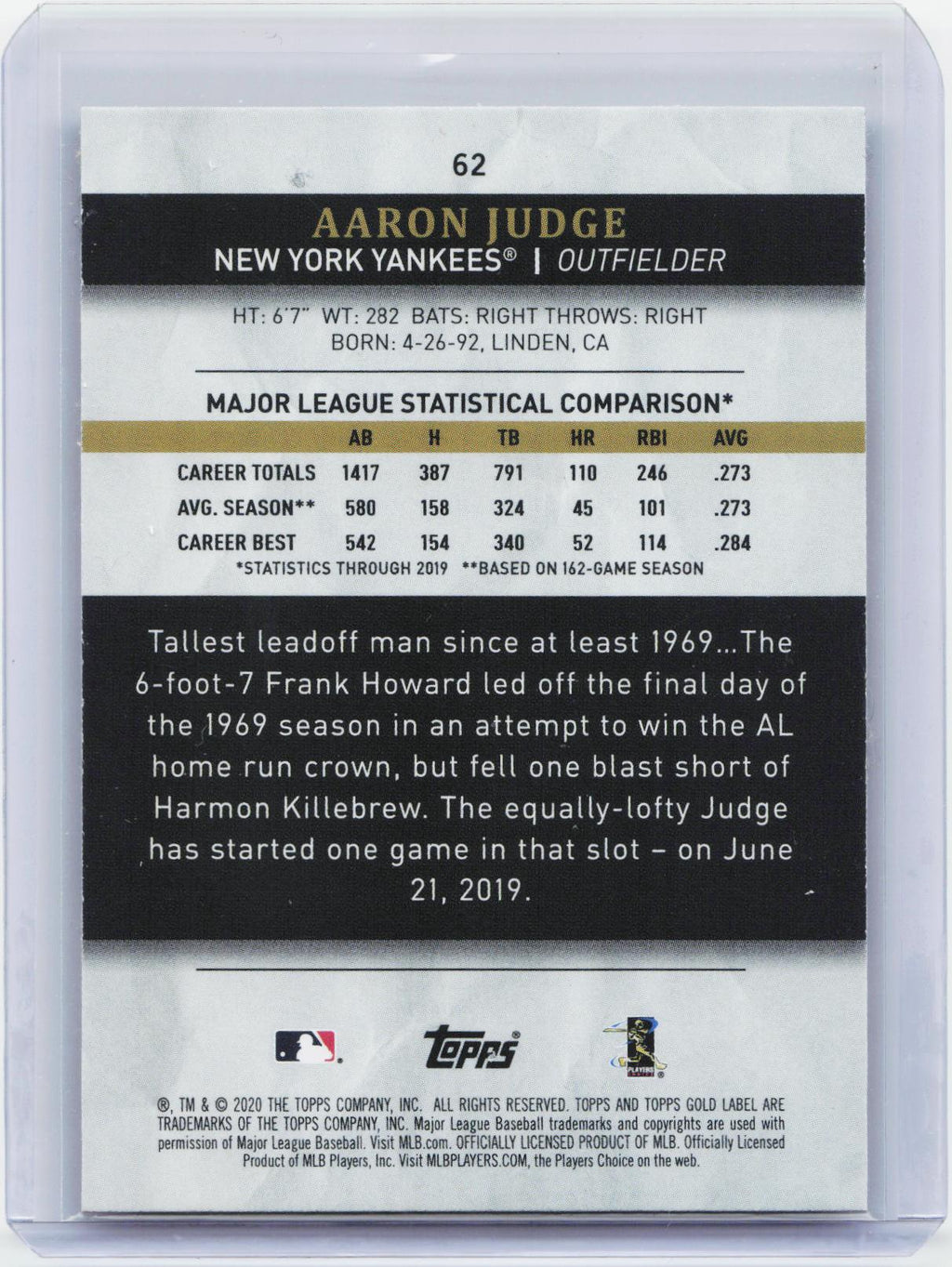 2020 Topps Gold Label #62 Aaron Judge Class 1 Black