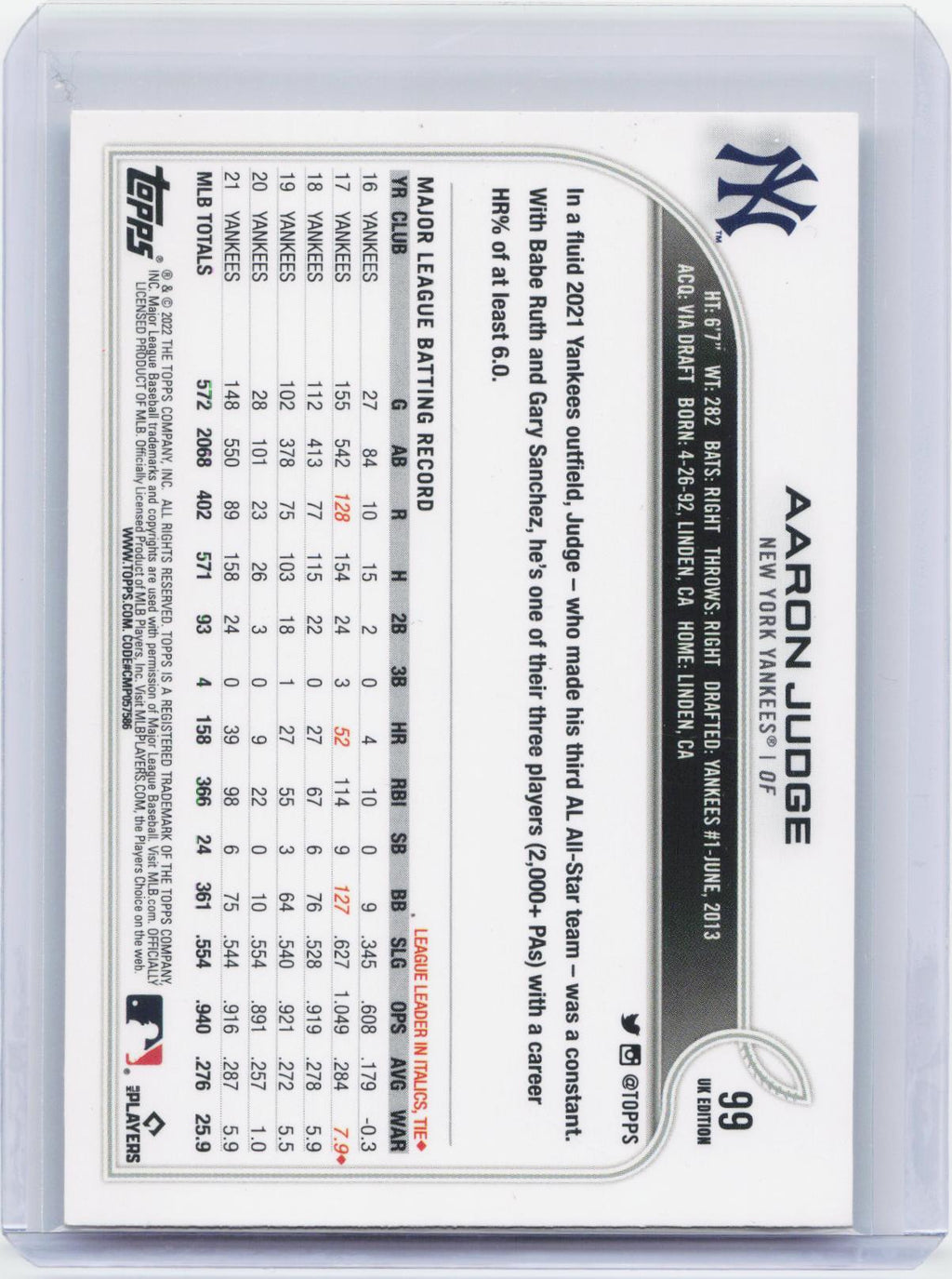 2022 Topps UK Edition #99 Aaron Judge