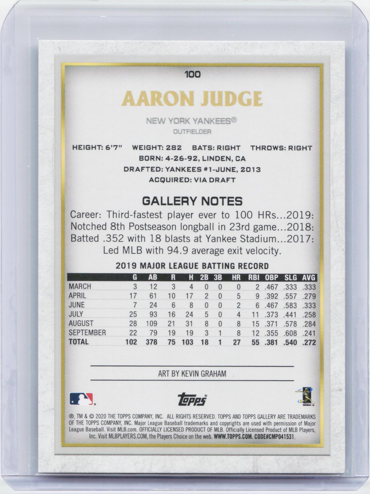 2020 Topps Gallery #100 Aaron Judge Artist's Proofs