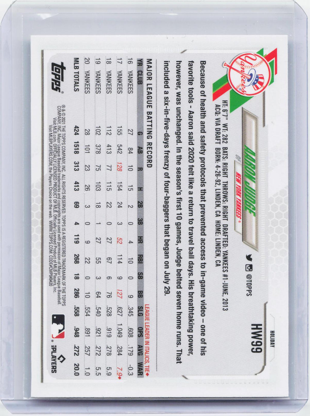 2021 Topps Holiday #HW99 Aaron Judge Metallic Holiday
