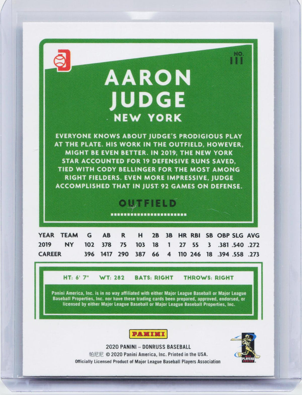2020 Donruss #111b Aaron Judge : Batting Followthrough