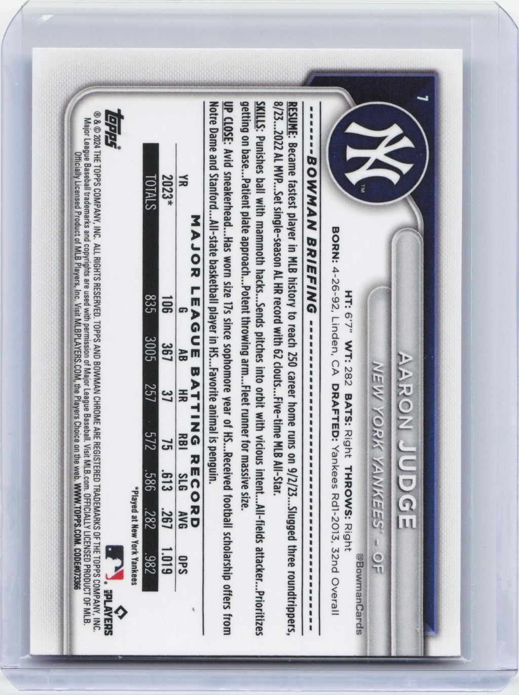 2024 Bowman #7 Aaron Judge Chrome Mojo Refractors
