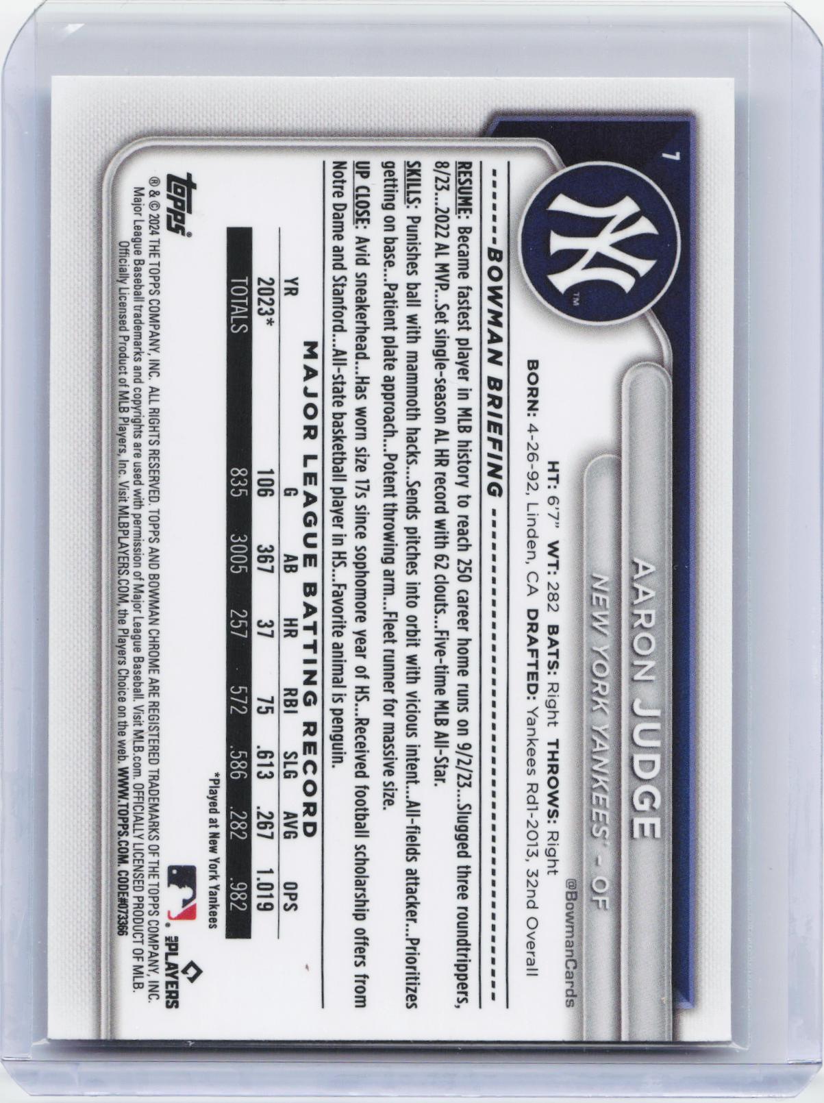 2024 Bowman #7 Aaron Judge Chrome Mojo Refractors