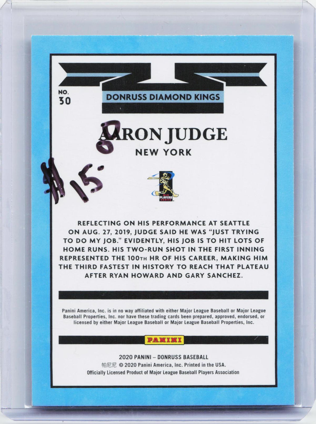 2020 Donruss #30 Aaron Judge Holo Purple