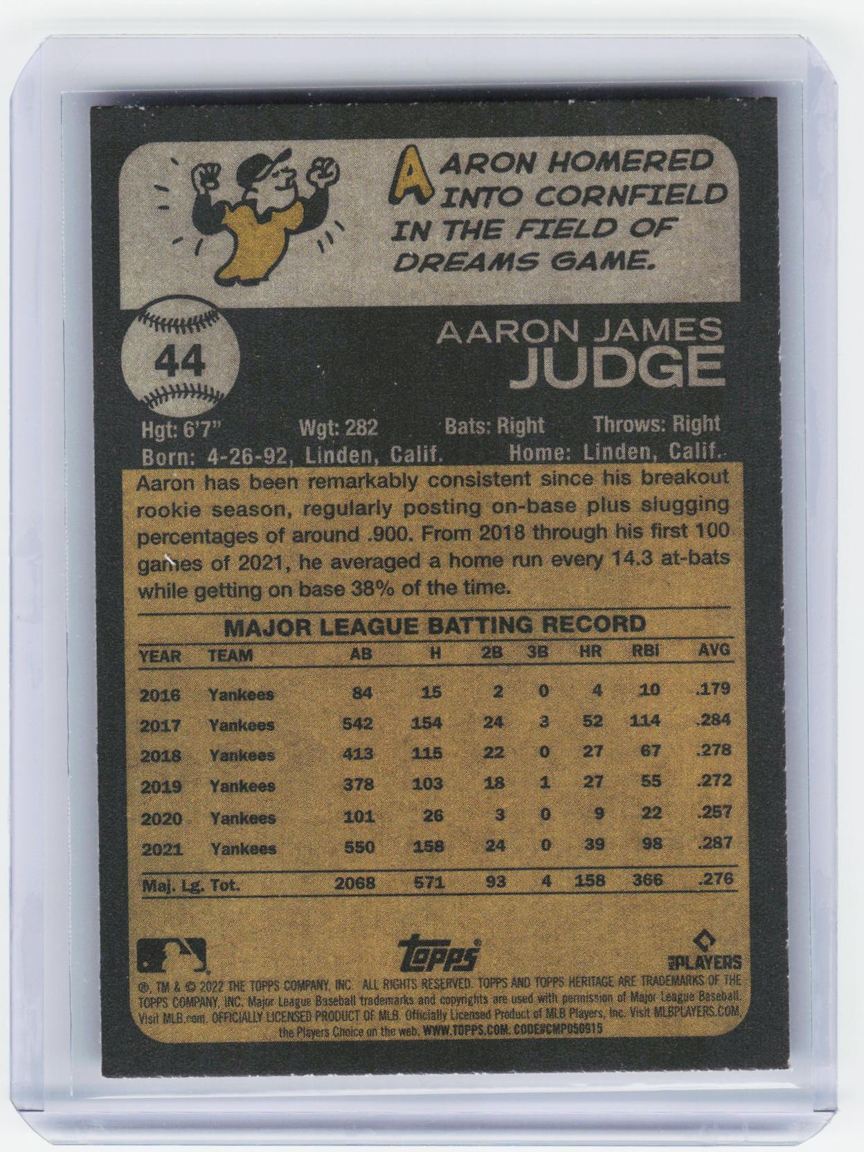 2022 Topps Heritage #44 Aaron Judge Nickname Variation