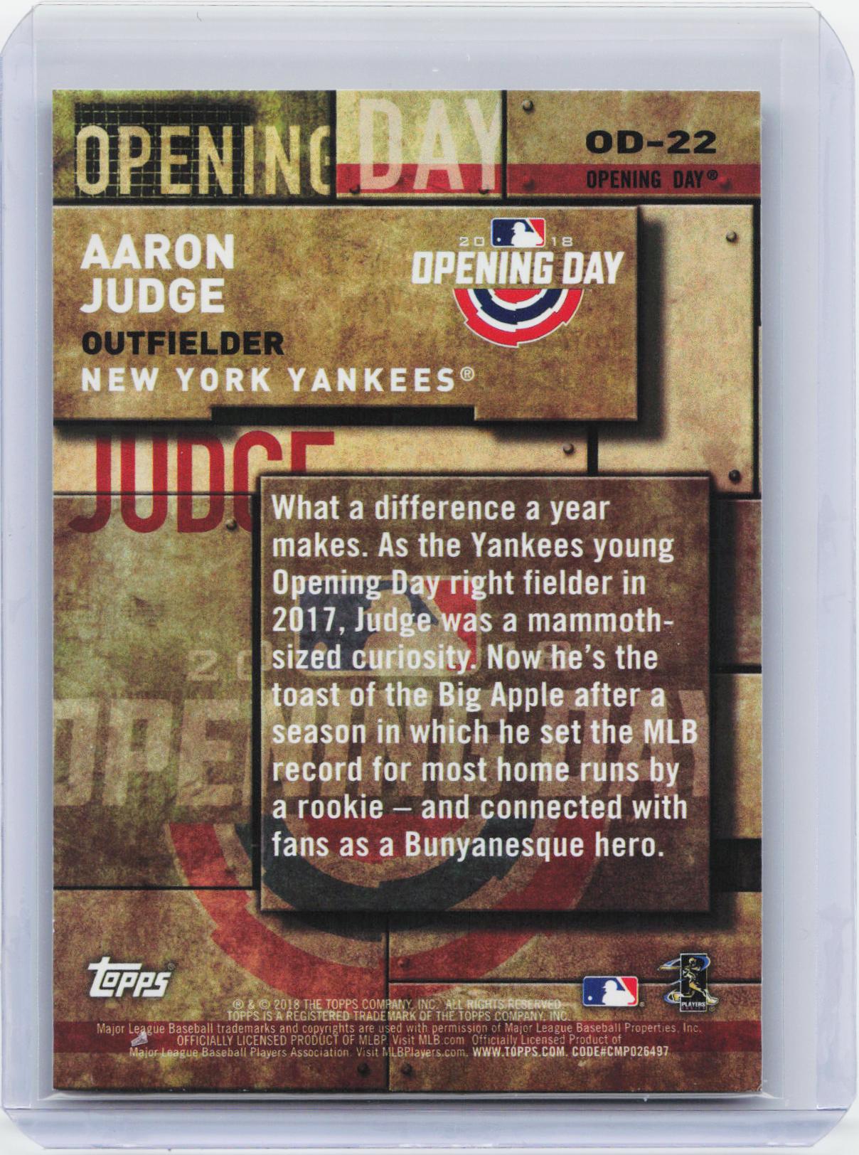 2018 Topps #OD-22 Aaron Judge MLB Opening Day
