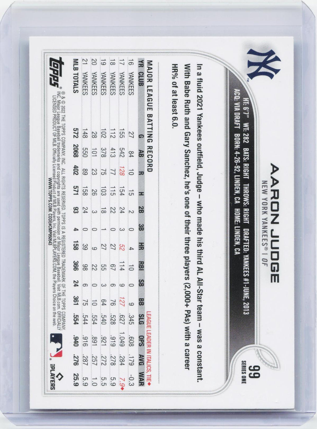 2022 Topps #99 Aaron Judge