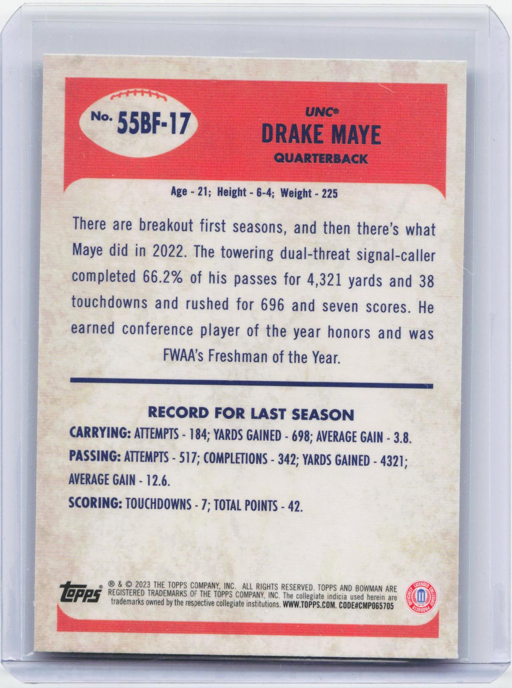 2023 Bowman University Chrome #55BF-17 Drake Maye 1955 Bowman Football