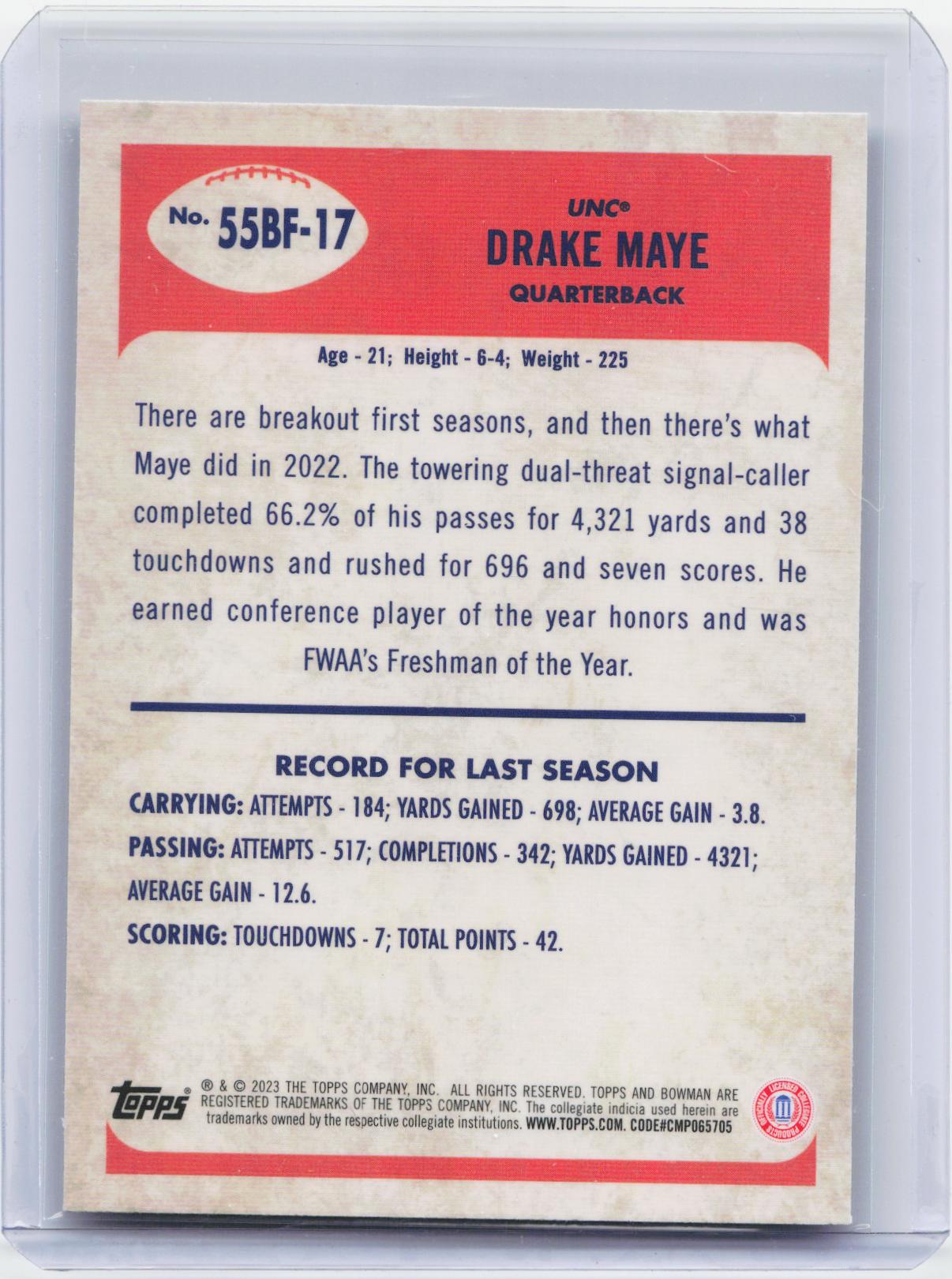 2023 Bowman University Chrome #55BF-17 Drake Maye 1955 Bowman Football