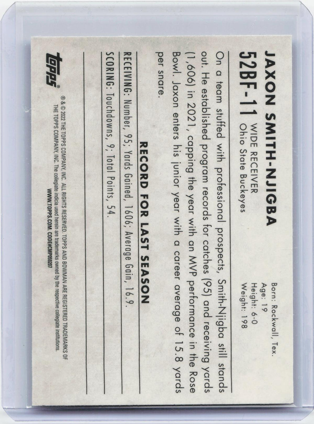 2022 Bowman University Chrome #52BF-11 Jaxon Smith-Njigba 1952 Bowman