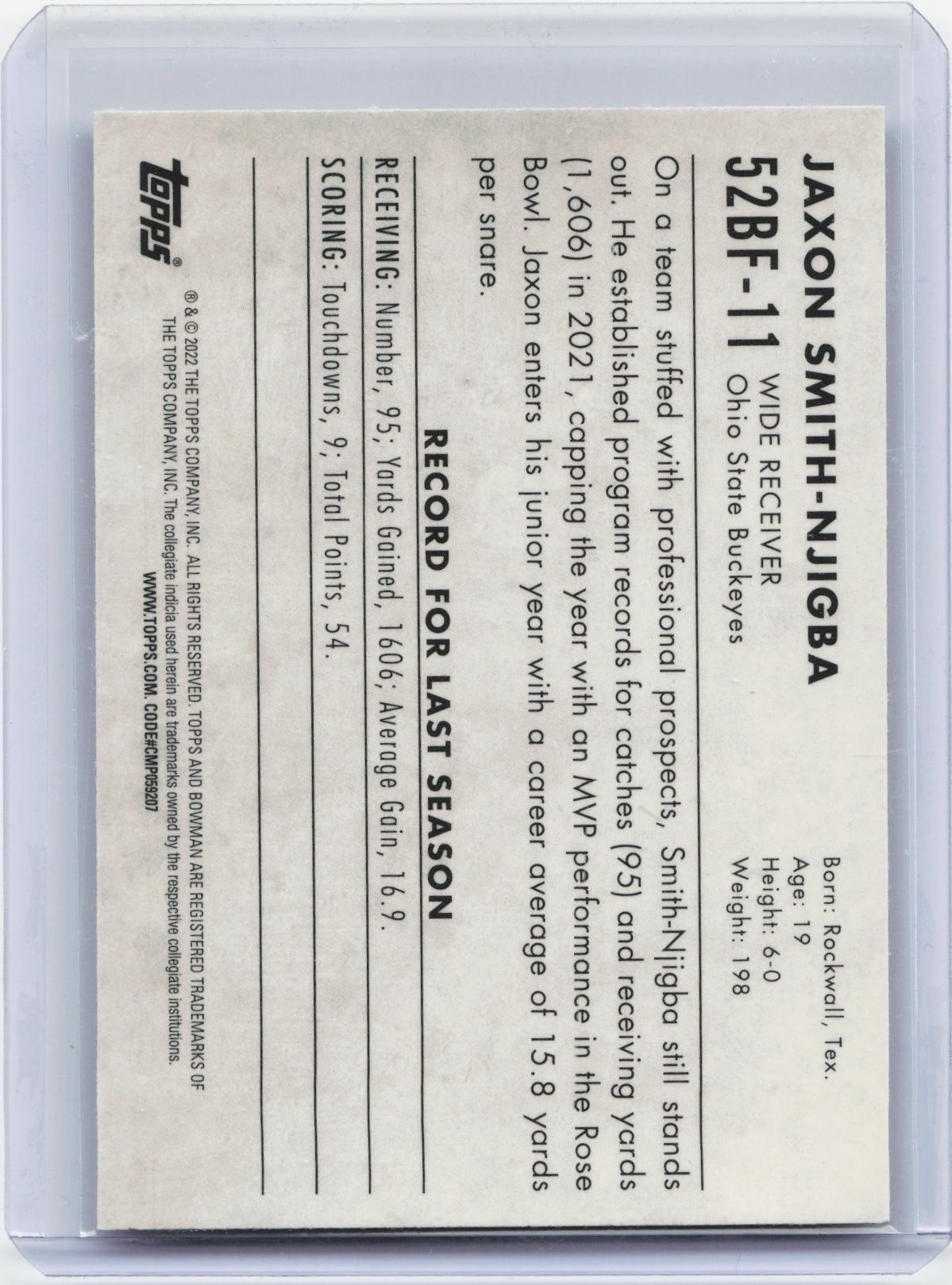 2022 Bowman University Chrome #52BF-11 Jaxon Smith-Njigba 1952 Bowman