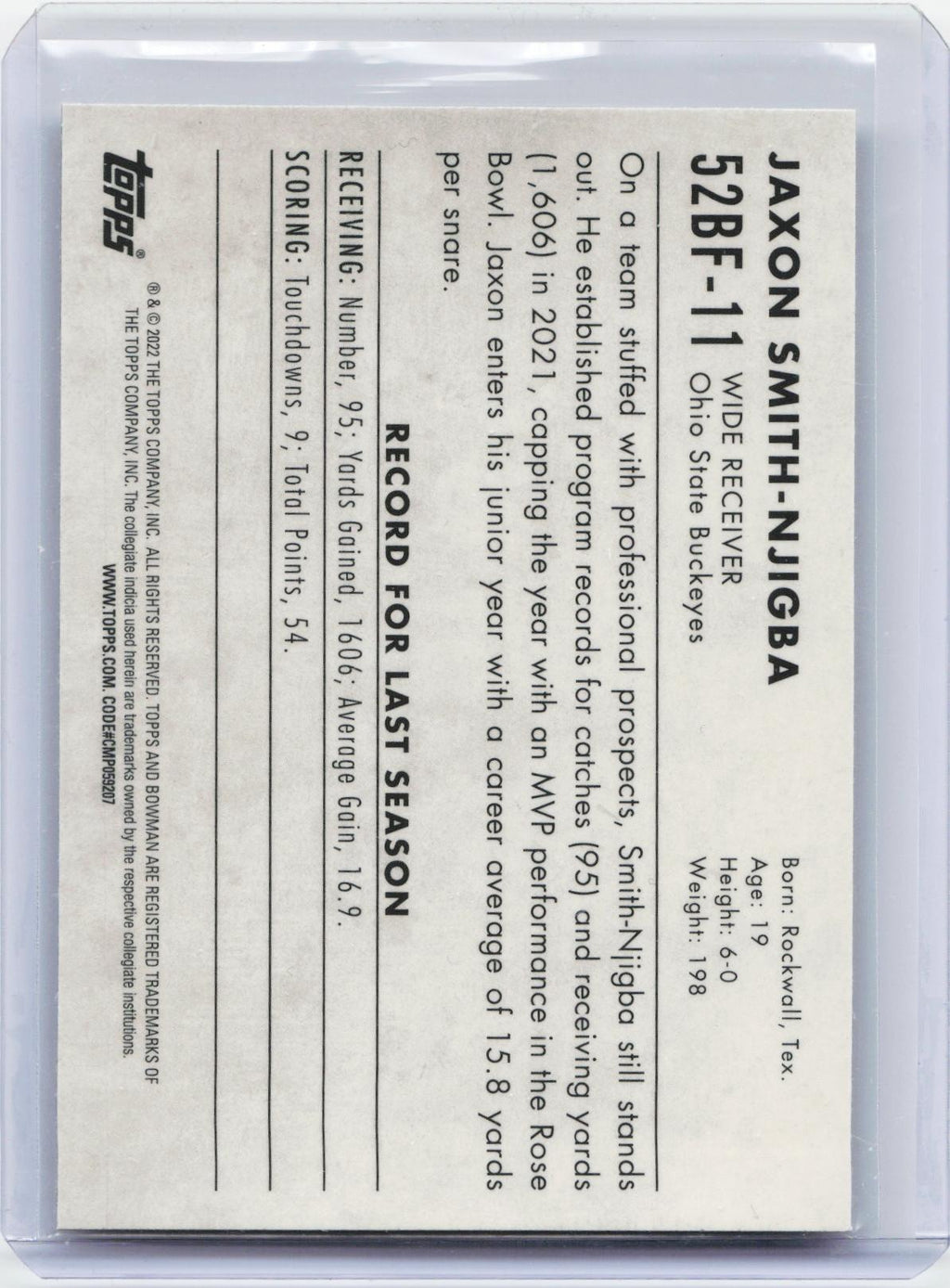 2022 Bowman University Chrome #52BF-11 Jaxon Smith-Njigba 1952 Bowman