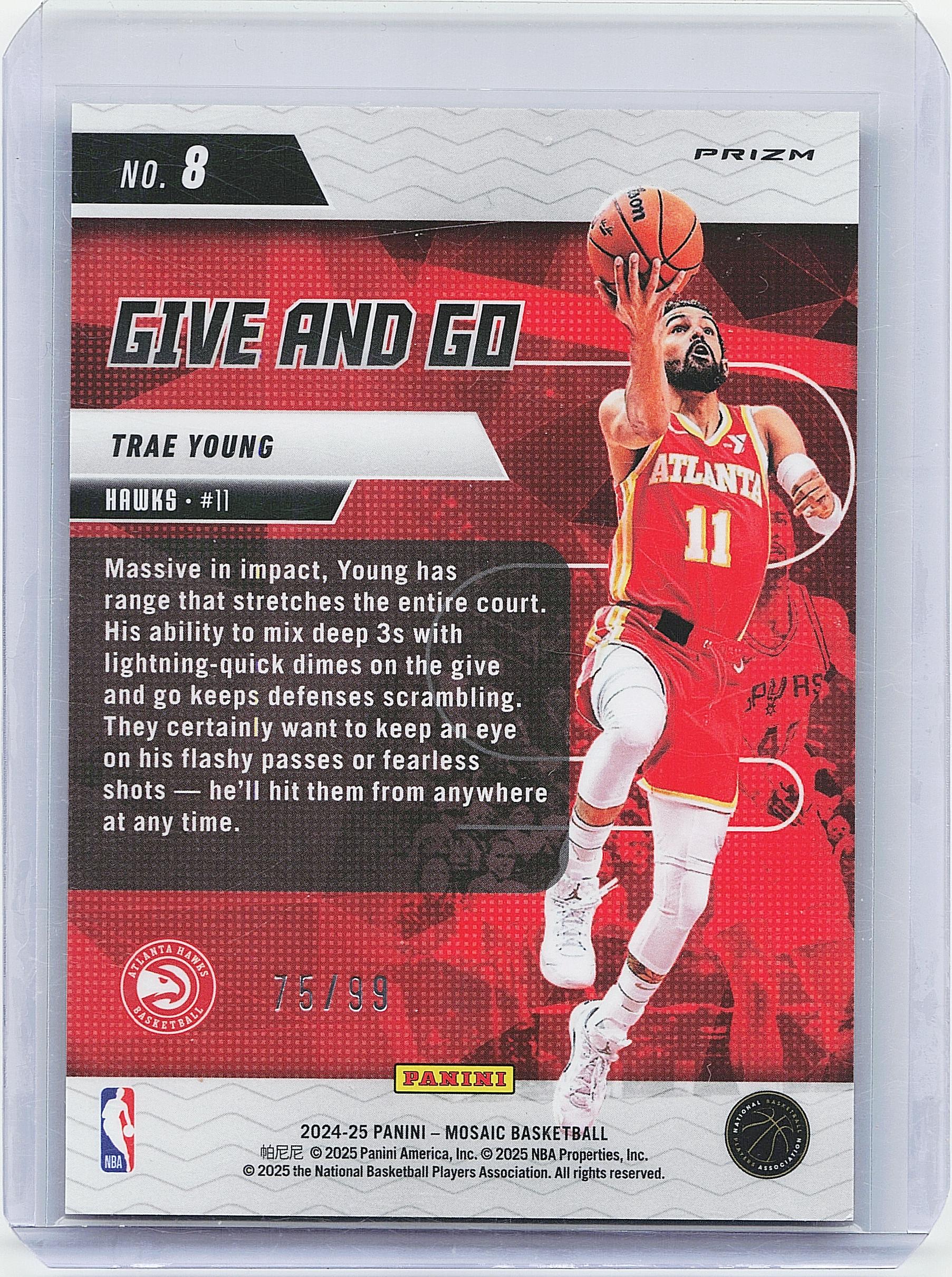 2024-25 Panini Mosaic #8 Trae Young Give and Go Mosaic Reactive Blue #/99