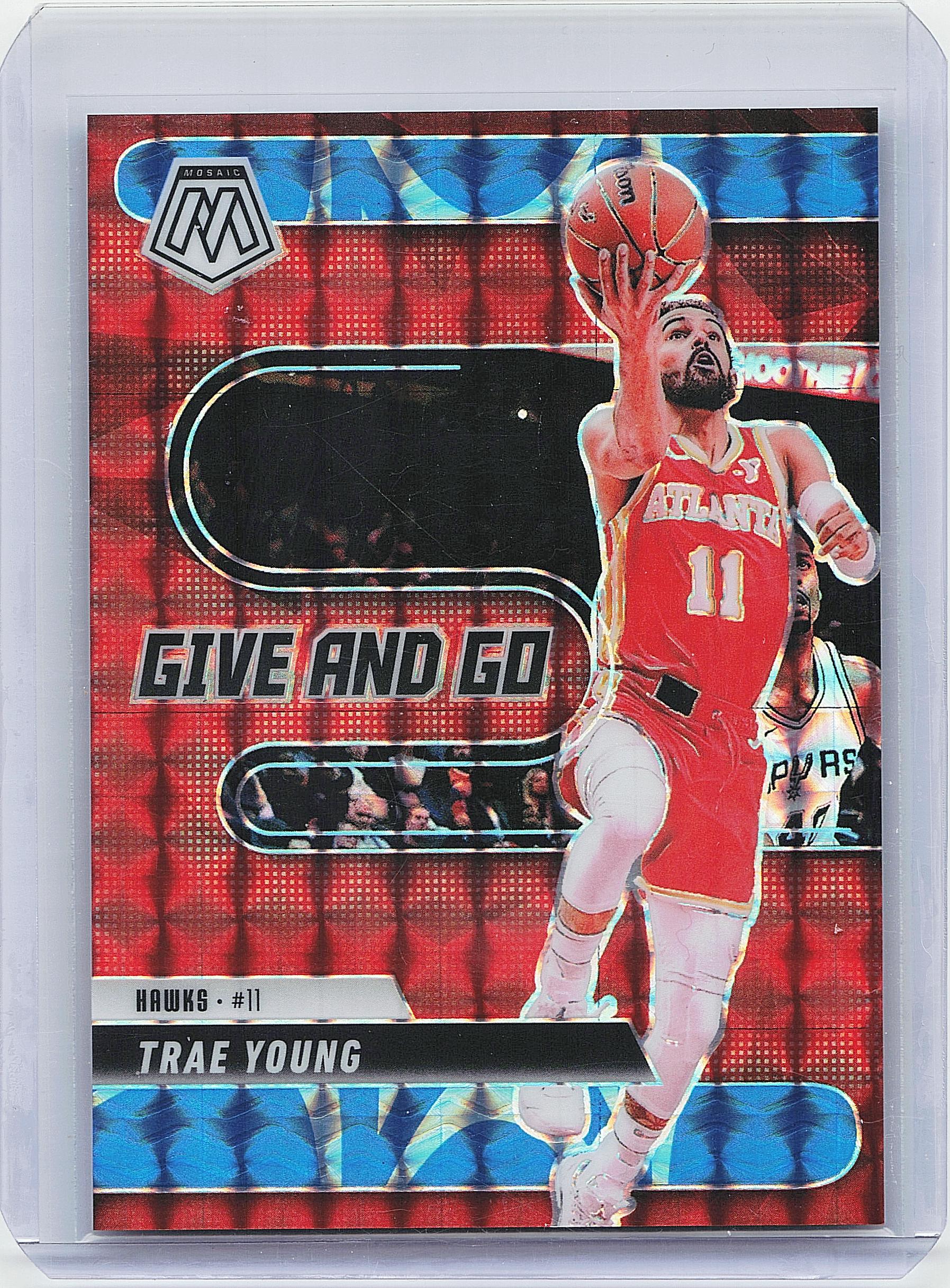 2024-25 Panini Mosaic #8 Trae Young Give and Go Mosaic Reactive Blue #/99