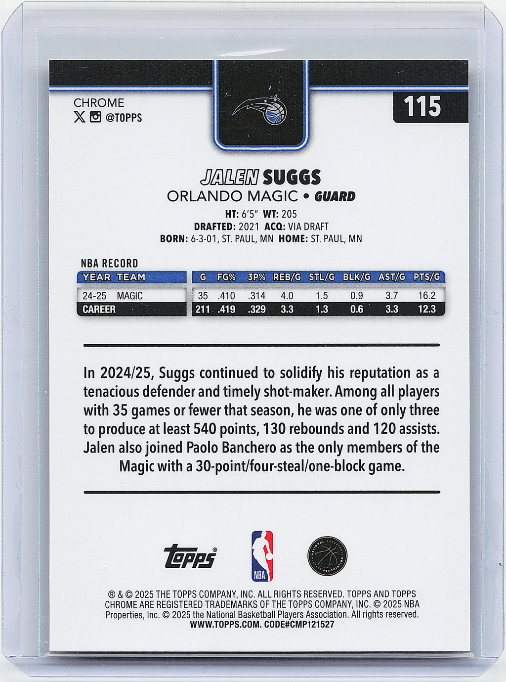2025-26 Topps Chrome #115 Jalen Suggs Yellow RayWave Refractor #/275
