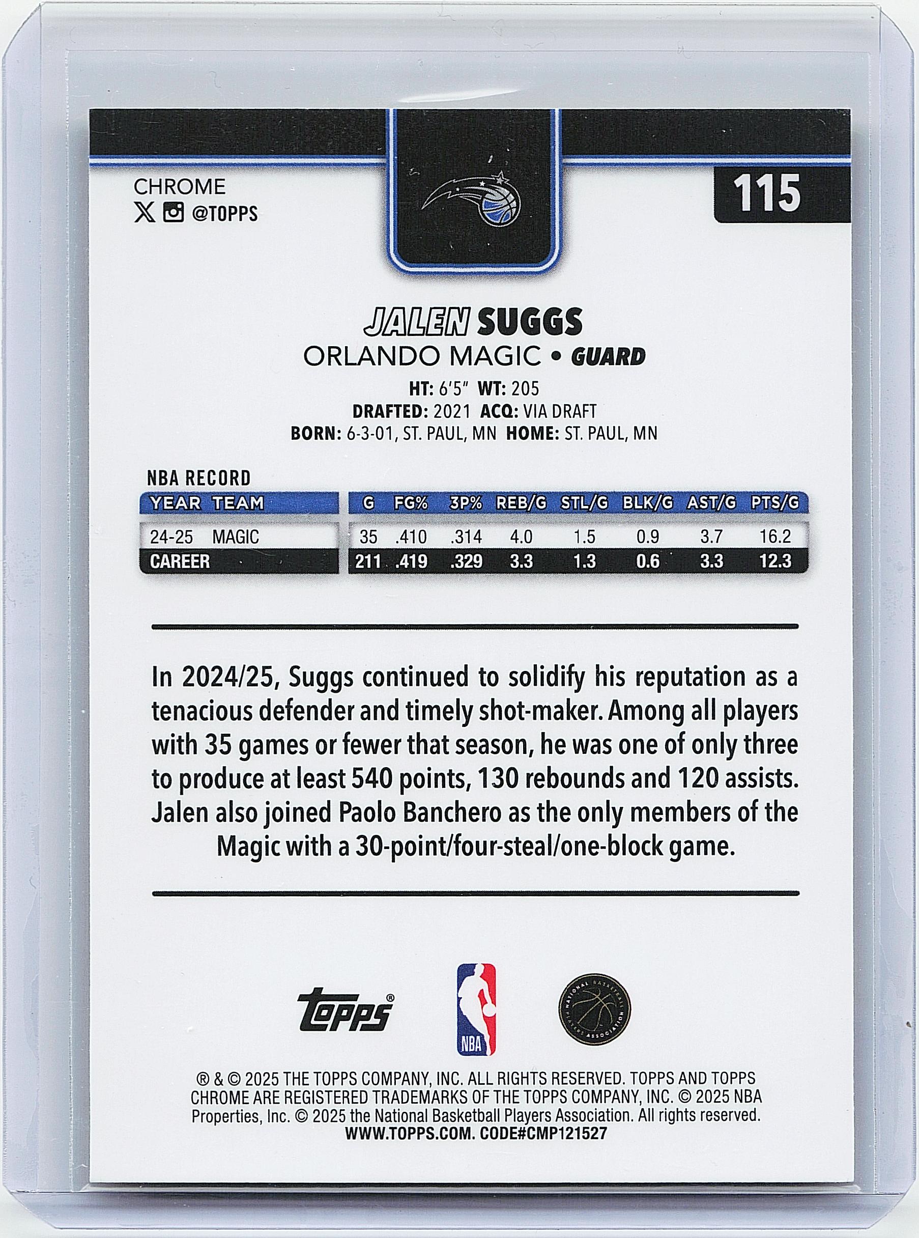 2025-26 Topps Chrome #115 Jalen Suggs Yellow RayWave Refractor #/275