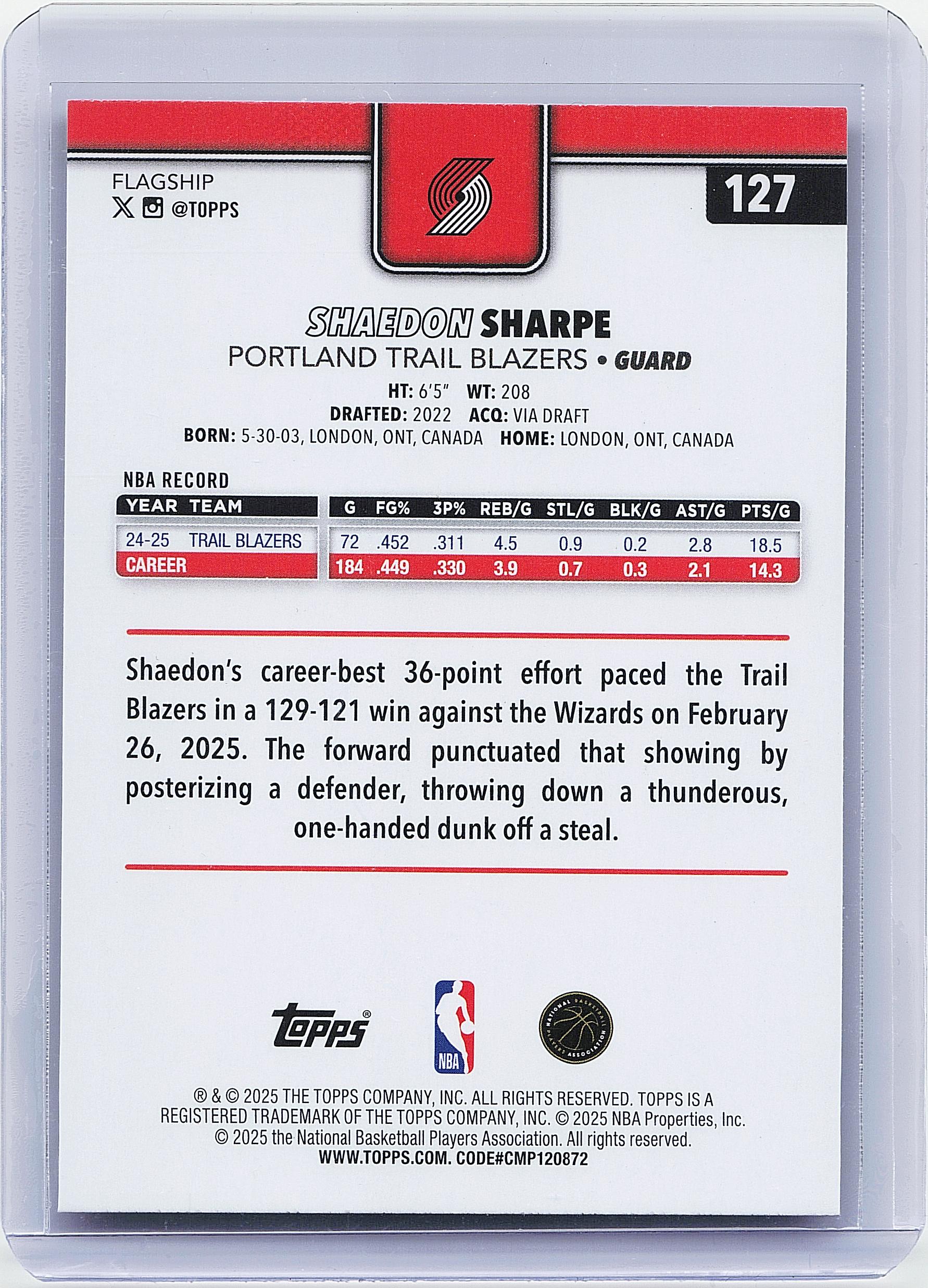 2025-26 Topps #127 Shaedon Sharpe Gold #/2025