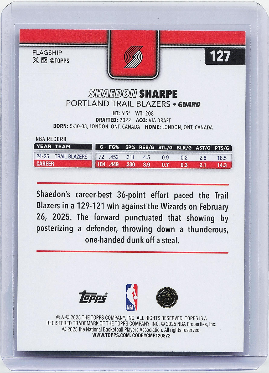 2025-26 Topps #127 Shaedon Sharpe Gold #/2025