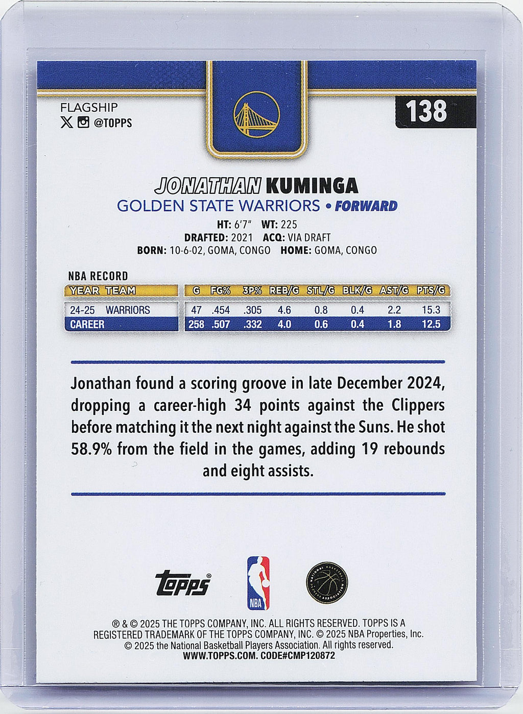 2025-26 Topps #138 Jonathan Kuminga Gold #/2025