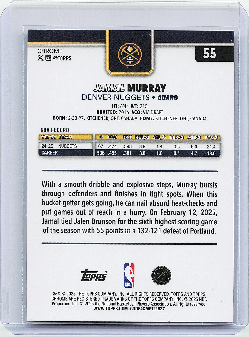 2025-26 Topps Chrome #55 Jamal Murray Orange Basketball Refractor #/25