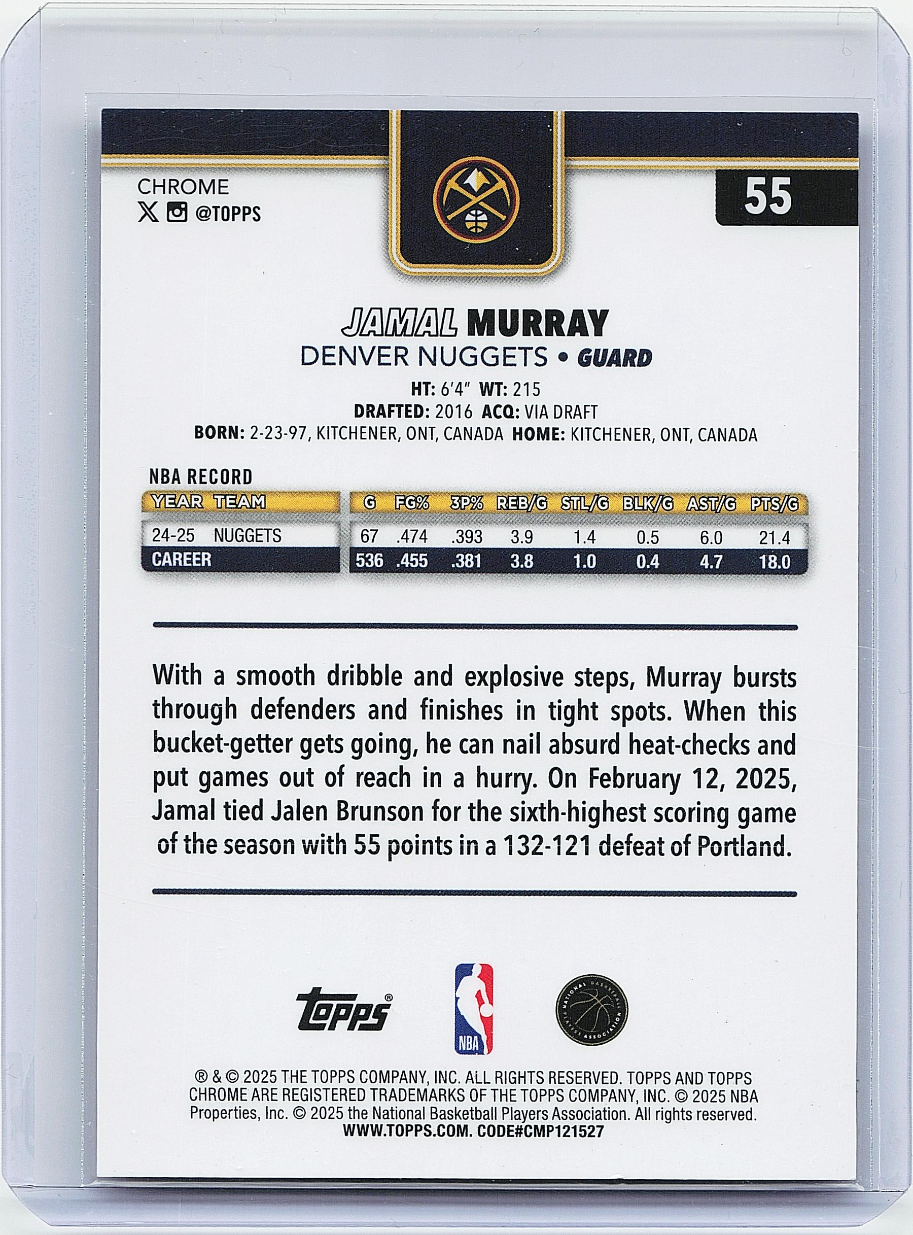 2025-26 Topps Chrome #55 Jamal Murray Orange Basketball Refractor #/25