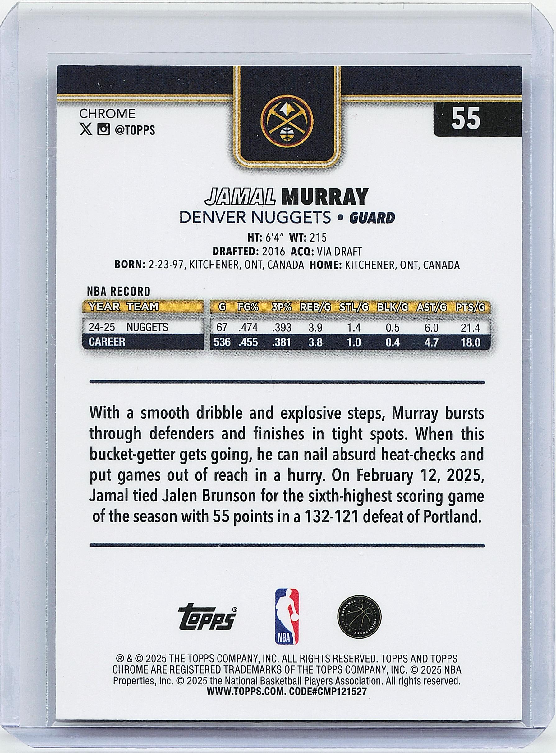 2025-26 Topps Chrome #55 Jamal Murray Yellow Basketball Refractor #/275