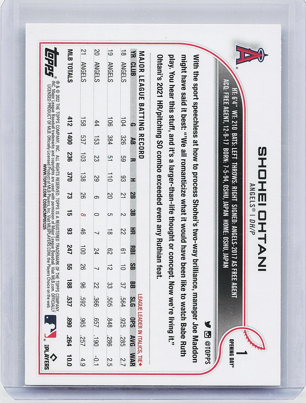 2022 Topps Opening Day #1 Shohei Ohtani