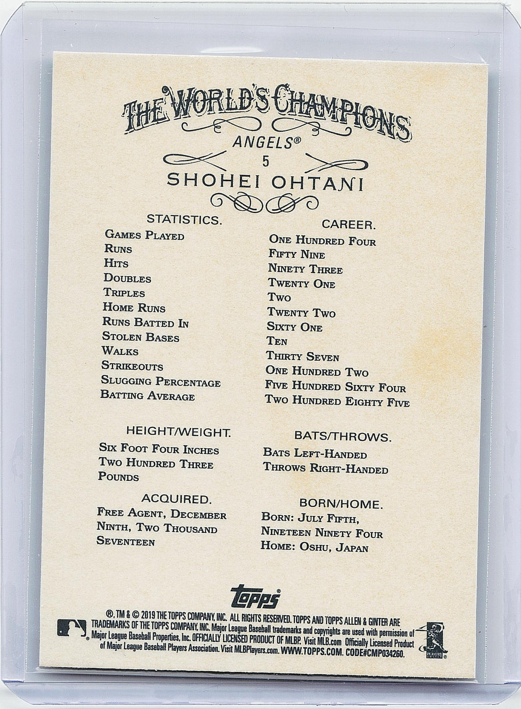 2019 Topps Allen & Ginter #5 Shohei Ohtani
