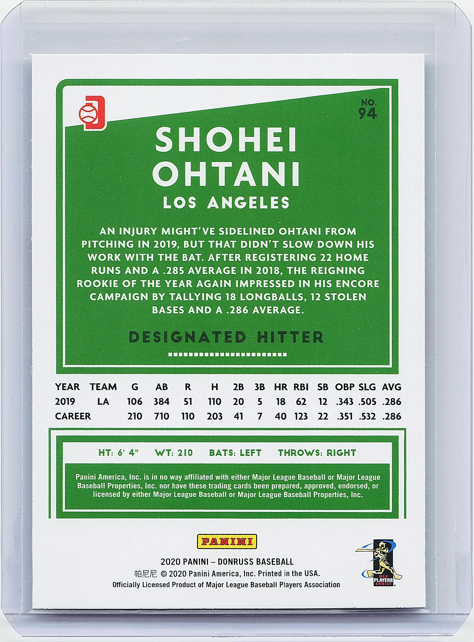 2020 Donruss #94b Shohei Ohtani : Pitching, old Donruss logo on back