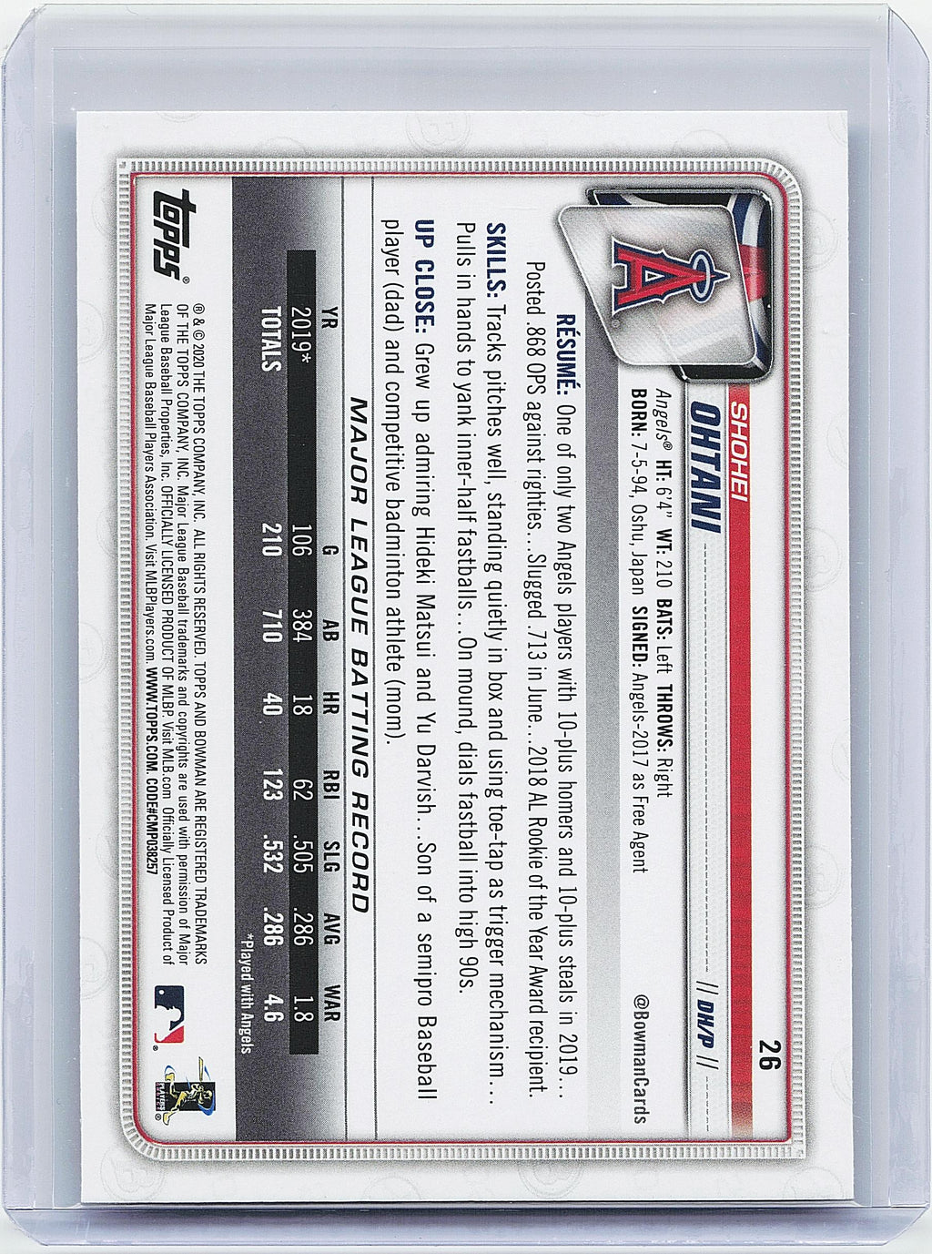 2020 Bowman #26 Shohei Ohtani