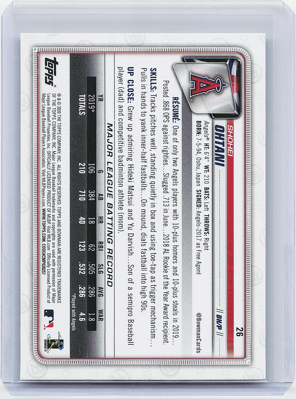 2020 Bowman #26 Shohei Ohtani