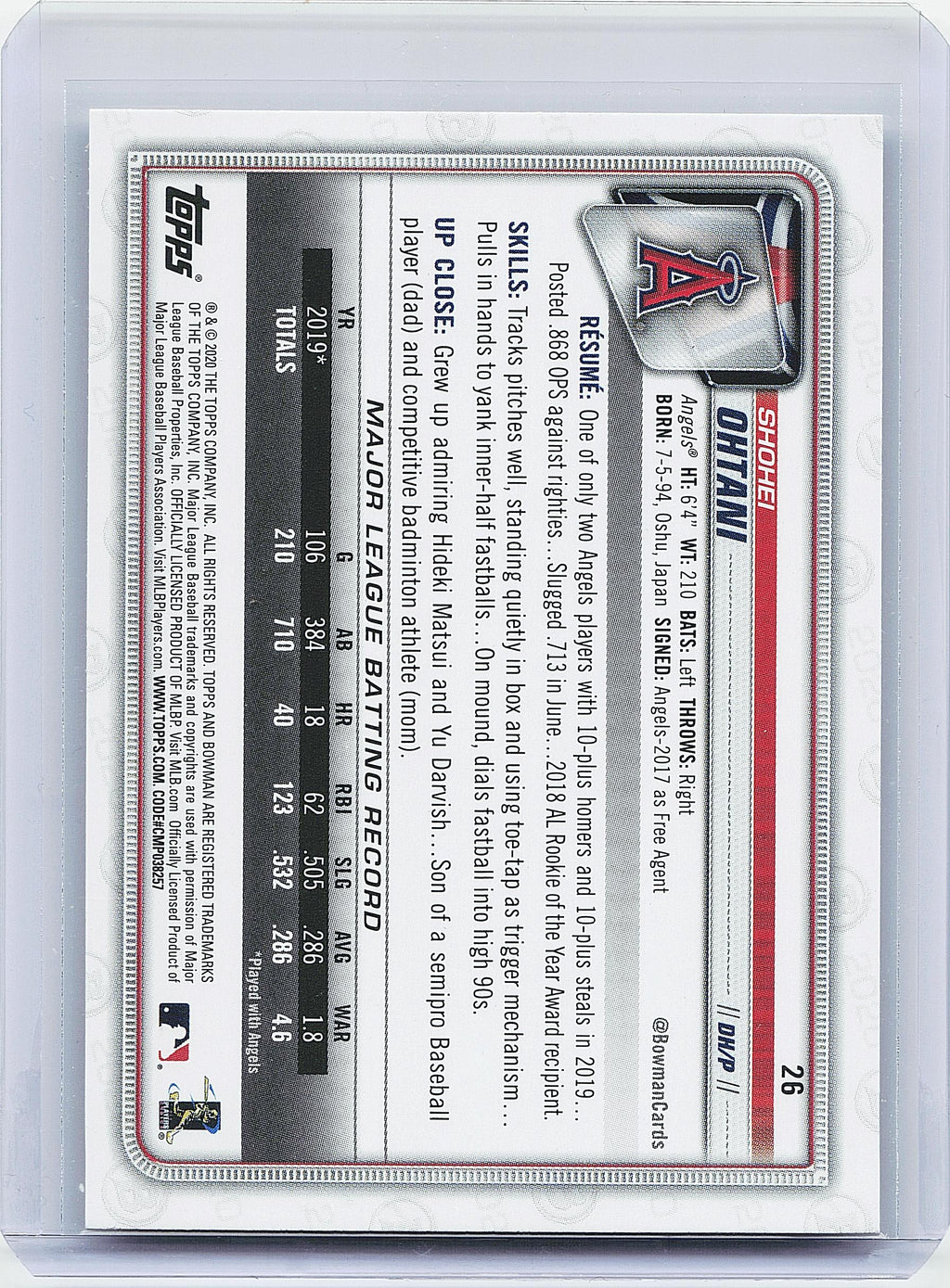 2020 Bowman #26 Shohei Ohtani