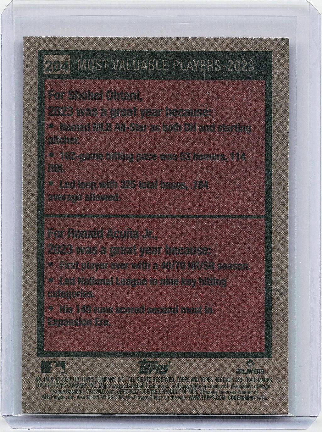 2024 Topps Heritage #204 2023 MVPs (Shohei Ohtani / Ronald Acuña Jr.)