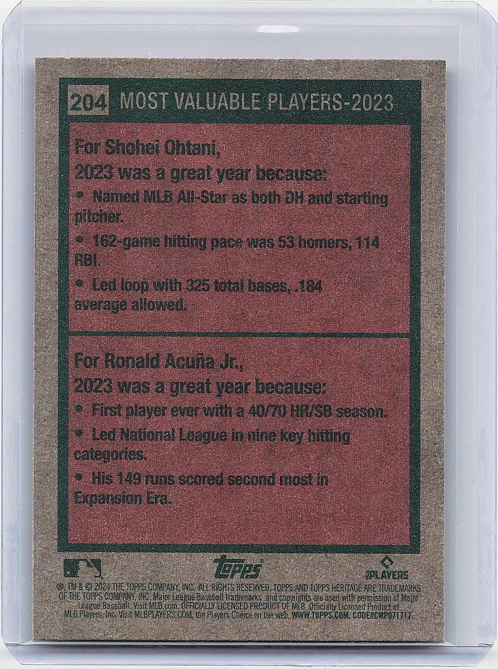 2024 Topps Heritage #204 2023 MVPs (Shohei Ohtani / Ronald Acuña Jr.)