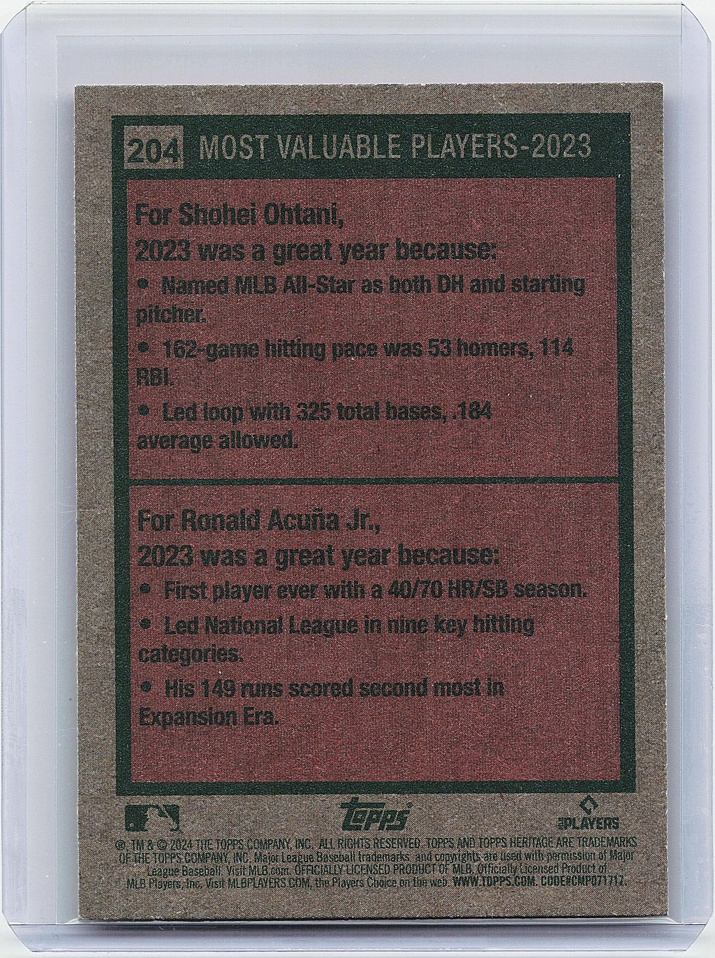 2024 Topps Heritage #204 2023 MVPs (Shohei Ohtani / Ronald Acuña Jr.)