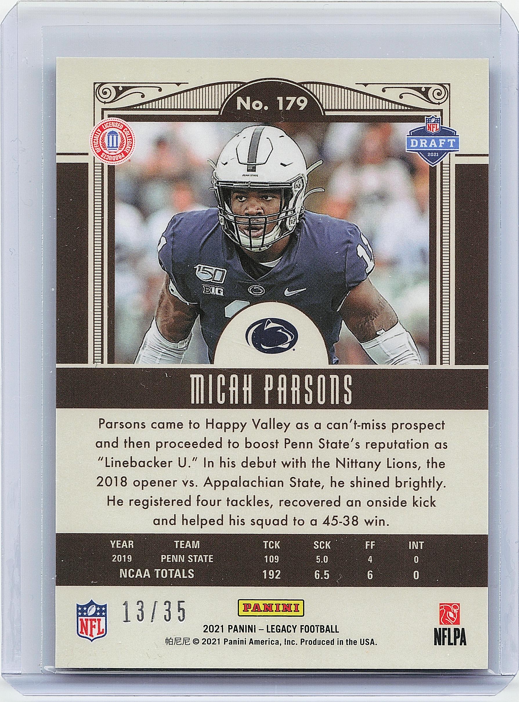 2021 Panini Legacy #179 Micah Parsons Rookies Premium Edition Sapphire #/35