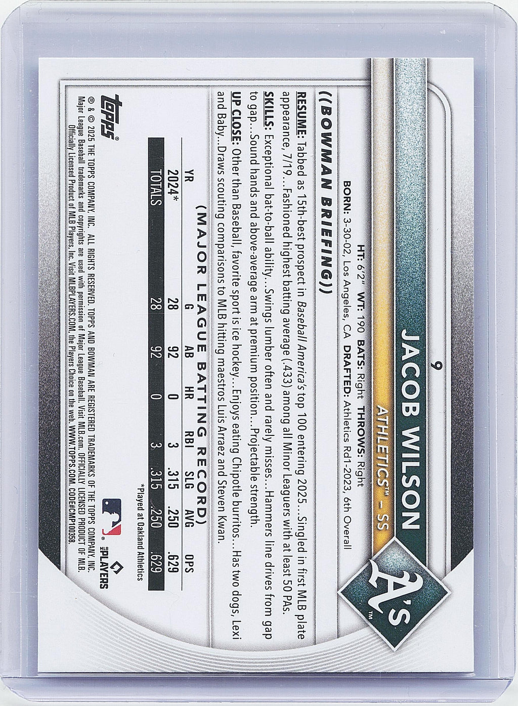 2025 Bowman #9 Jacob Wilson
