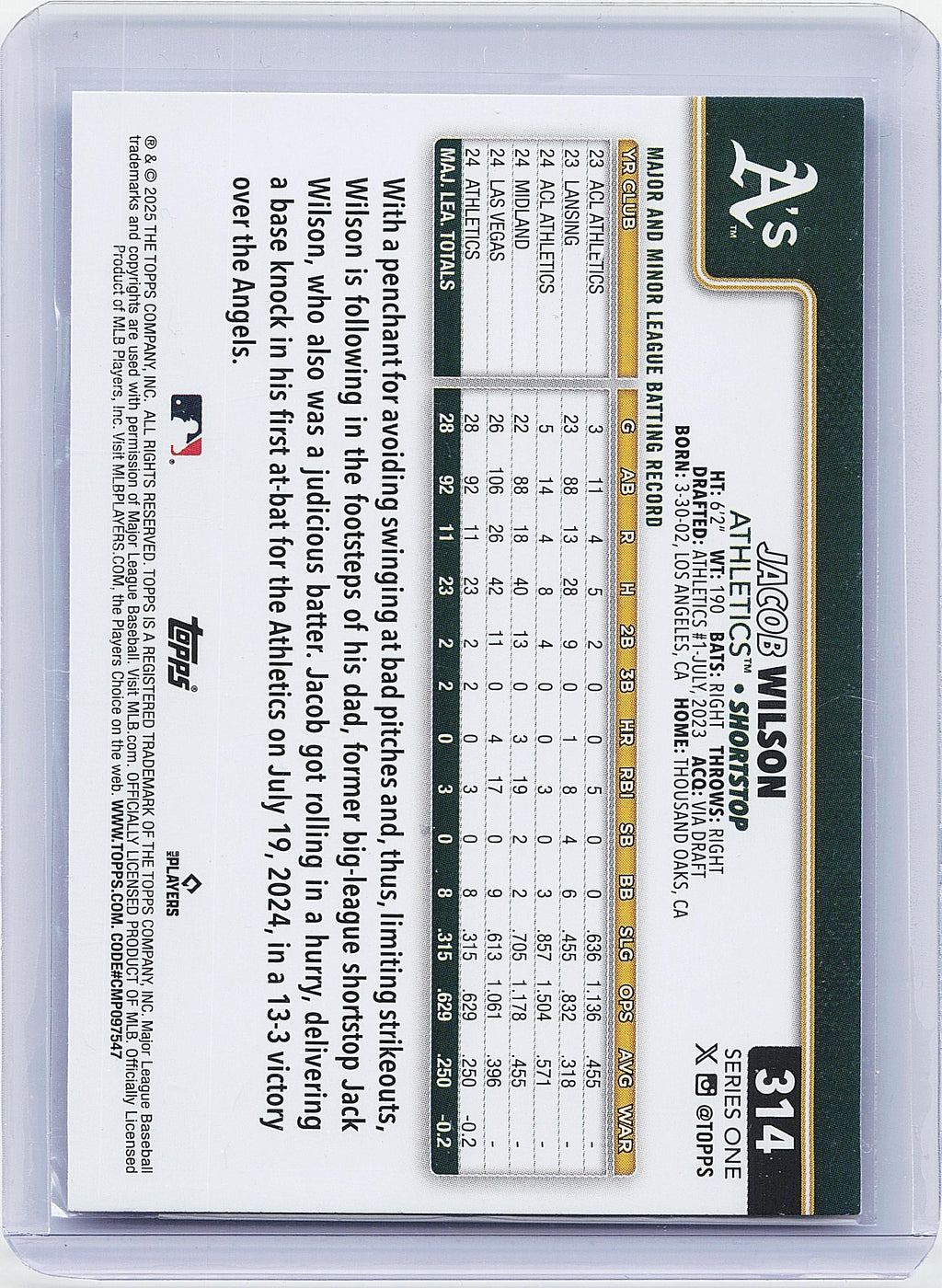 2025 Topps #314 Jacob Wilson