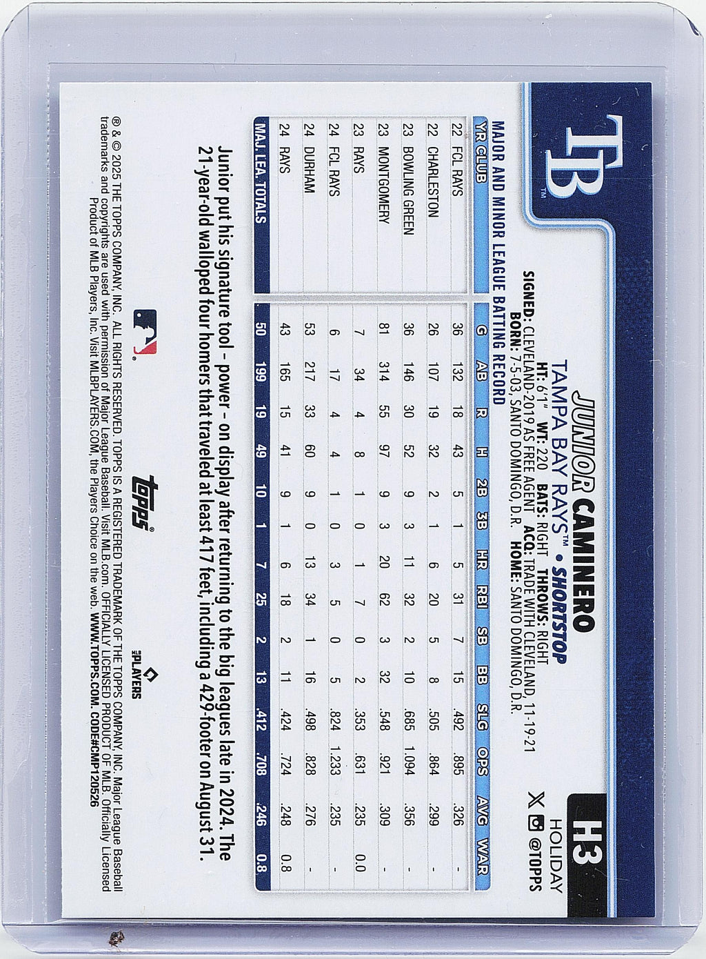 2025 Topps Holiday #H3 Junior Caminero Green Holiday Plaid