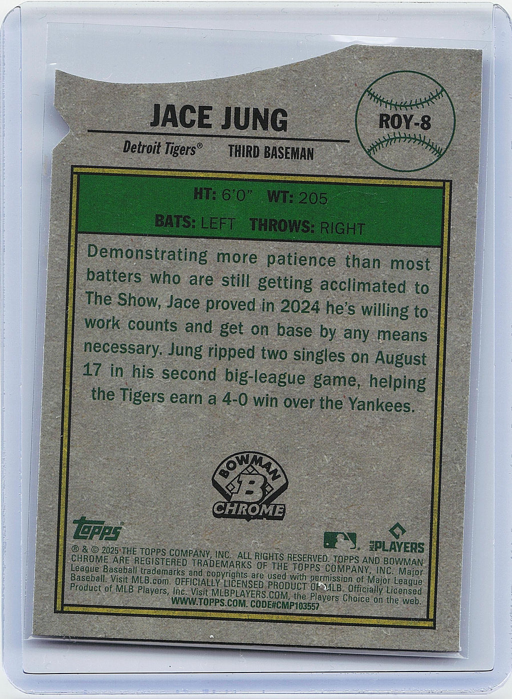 2025 Bowman #ROY-8 Jace Jung Rookie of the Year Favorites Mojo Refractor