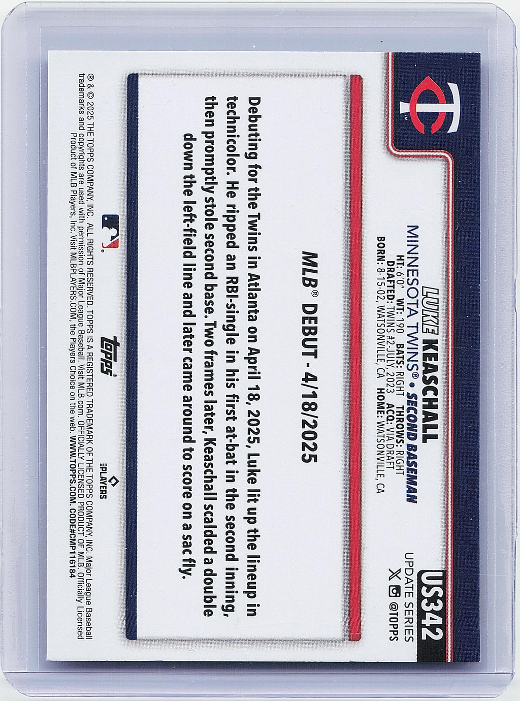 2025 Topps Update #US342 Luke Keaschall Diamante Foil