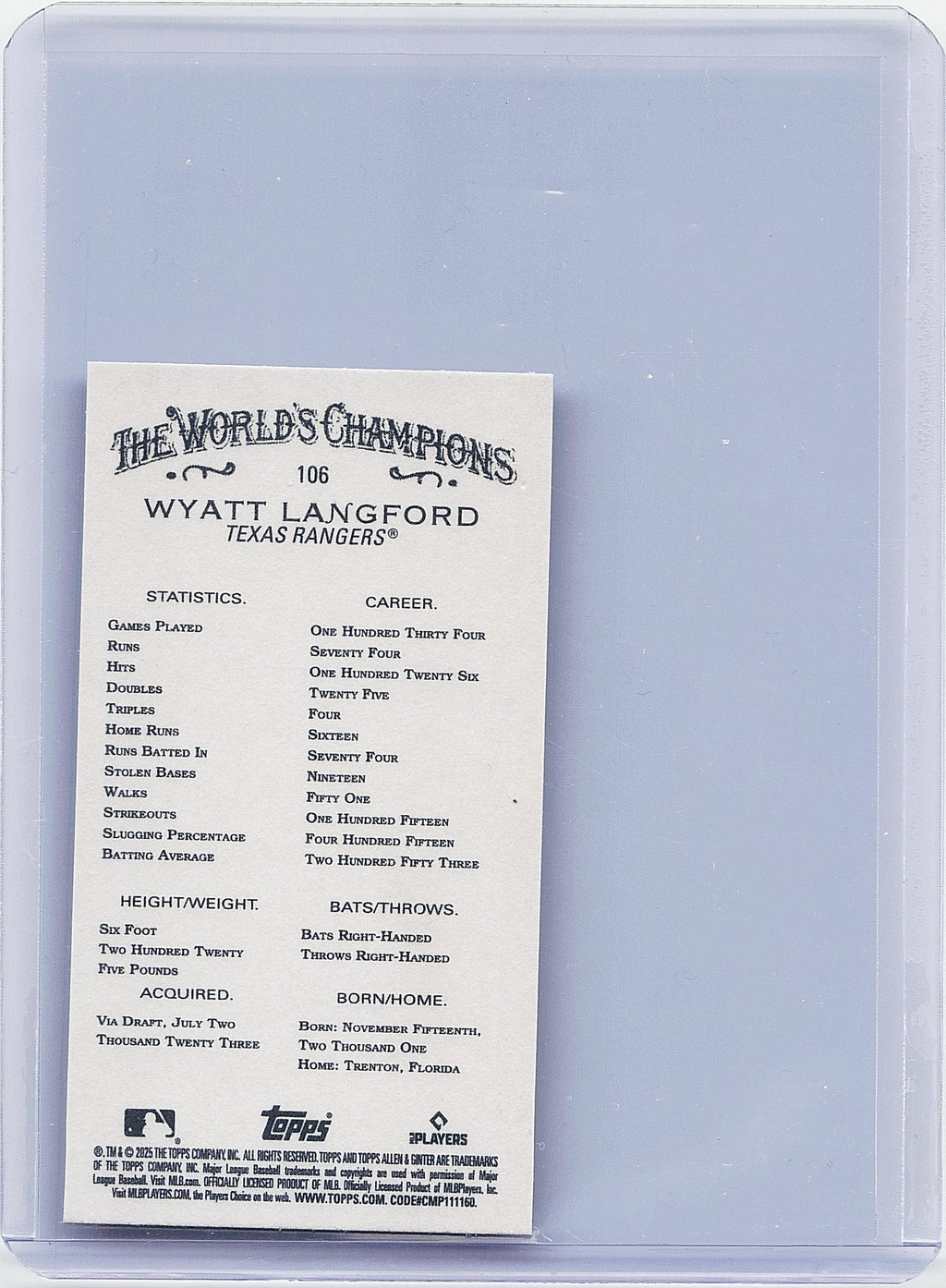 2025 Topps Allen & Ginter #106 Wyatt Langford Mini Black Border