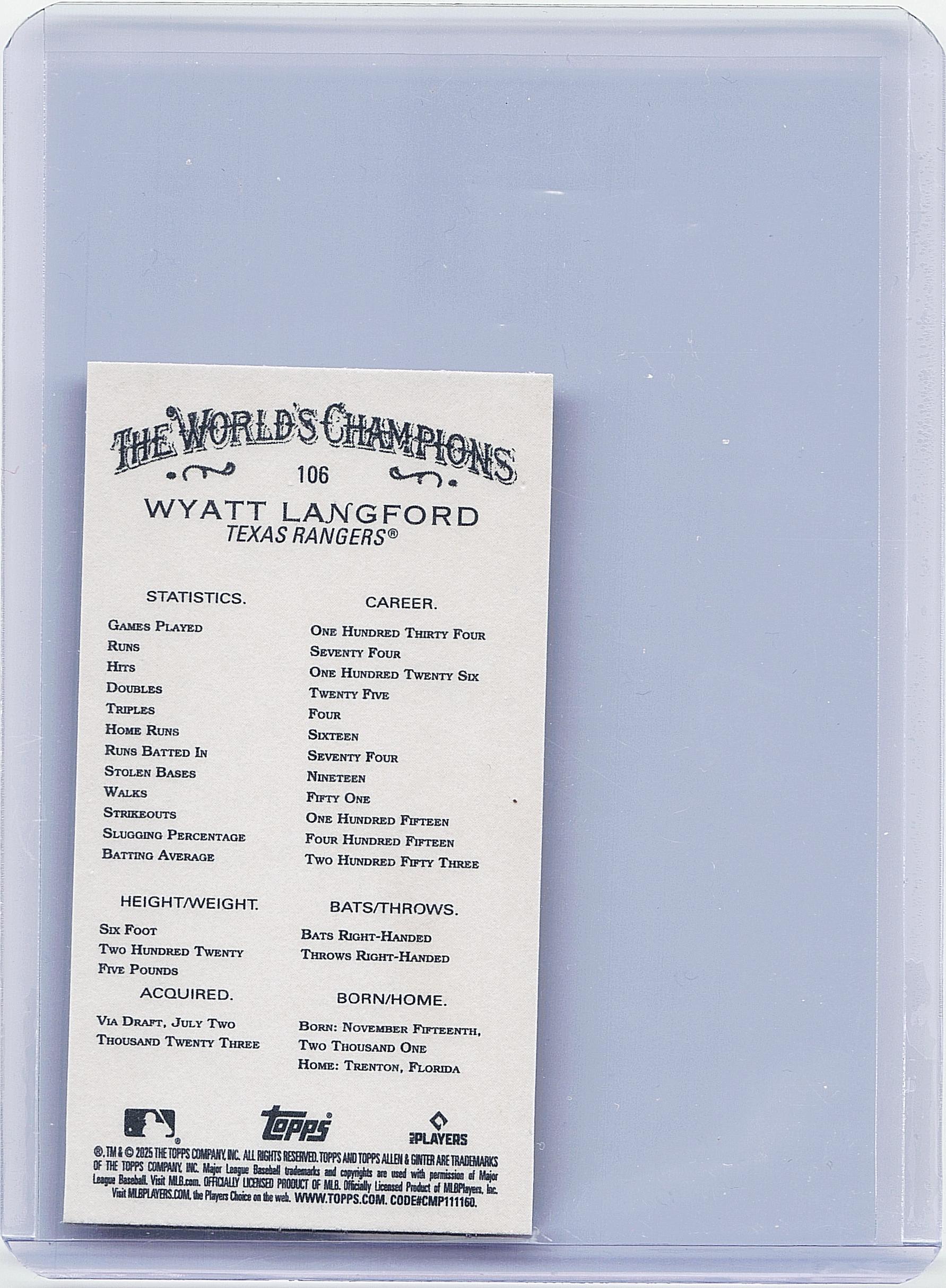 2025 Topps Allen & Ginter #106 Wyatt Langford Mini Black Border